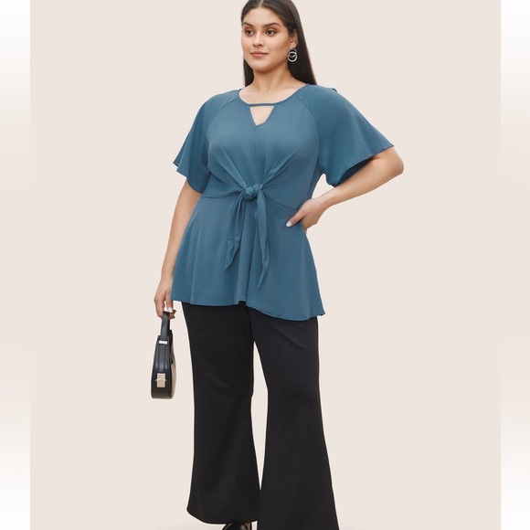 BloomChic Plus Size Plain Keyhole Knotted Front Ruffle Sleeve Blouse - Picture 5 of 5